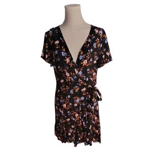 Xhilaration Babydoll Black Flutter Wrap Blue Floral Zip Up Dress Size Large